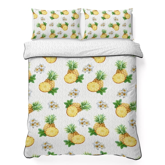 Pineapple 3 Piece Quilt Bedding Set with 2 Pillow Shams, Summer Yellow Fruit Lightweight Bedspread Coverlet, Soft Breathable All Season Quilt, 96 x 106 Inch