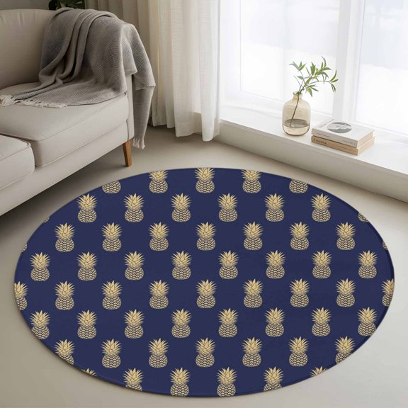 Pineapple 3ft Area Rug, Yellow Fruit Navy Blue Summer Tropical Washable Non-Slip Small Round Rugs for Entryway Bedroom Kitchen, Soft Circle Carpet for Dining Room, Playroom Nursery Rug