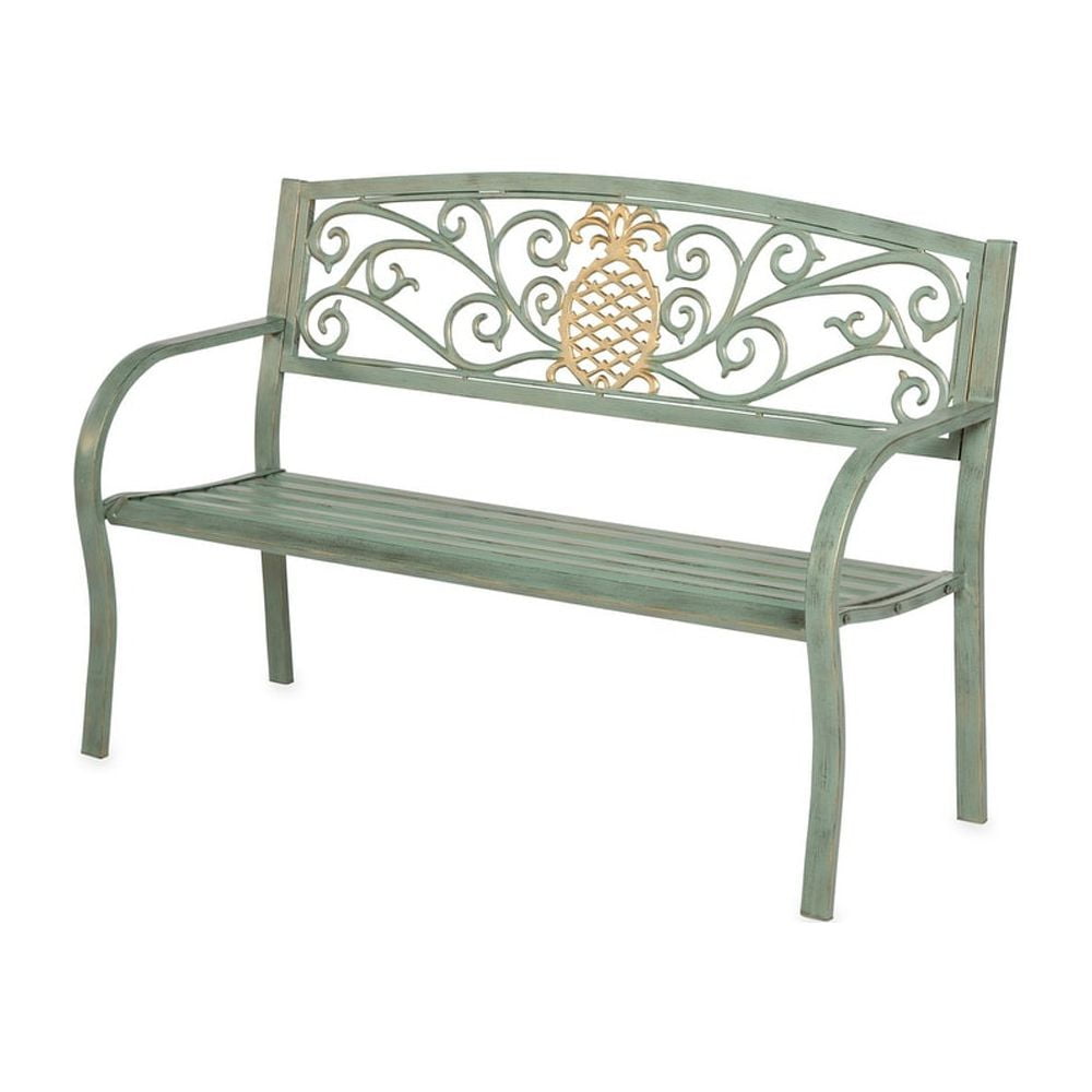 Verdigris Green Metal Outdoor Bench with Pineapple Accent