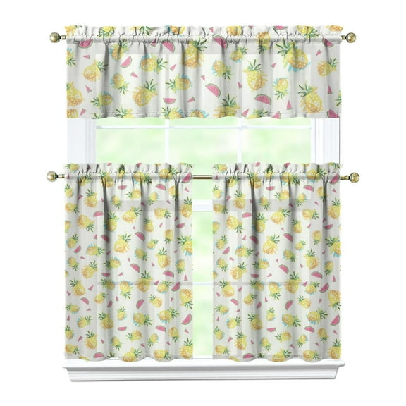 Pineapple Aesthetic Kitchen Curtains Set, Hawaiian Fruit Tier and Valance with Golden Yellow Tropical Pattern, Summer Sunshine Drapes for Fresh Kitchen Atmosphere
