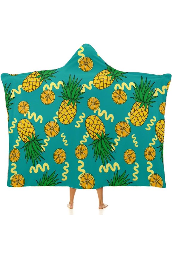 Pineapple And Lemon Pattern Wearable Hooded Blanket For Adults Soft Warm Hoodie Throw Cloak Wrap For Home Office Camping