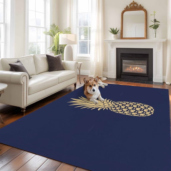 Pineapple Area Rug 5x8 FT, Non Slip Bedroom Throw Carpet, Gold Yellow Navy Blue Tropical Fruit Summer Washable Soft Floor Carpet Non-Shedding Rug for Living Room Nursery Dorm Office