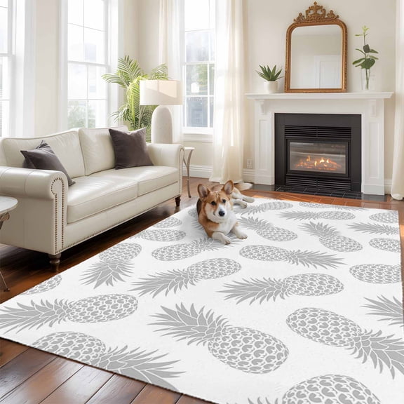 Pineapple Area Rug 5x8 FT, Non Slip Bedroom Throw Carpet, Grey Summer Tropical Fruit Minimalist Texture Washable Soft Floor Carpet Non-Shedding Rug for Living Room Nursery Dorm Office