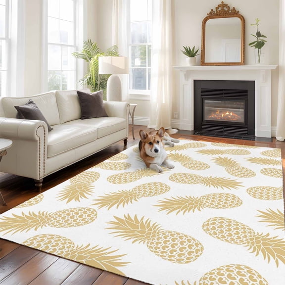 Pineapple Area Rug 5x8 FT, Non Slip Bedroom Throw Carpet, Yellow Summer Tropical Fruit Minimalist Washable Soft Floor Carpet Non-Shedding Rug for Living Room Nursery Dorm Office
