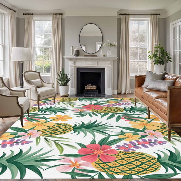 Pineapple Area Rugs 5'x8', Washable Small Throw Rugs for Classroom Bedroom, Summer Nature Tropical Fruit Flowers Leaves Indoor Outdoor Rug Non-Slip Low Pile Carpet Runner Reversible Floor Mats