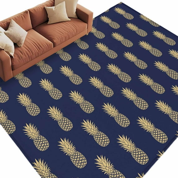 Pineapple Art Area&nbsp;Rug 5x7ft Vintage Fruit Yellow Blue Modern Texture Non-Slip&nbsp;Washable Square&nbsp;Rugs Soft Felt Indoor Floor Mat for Bedroom Kitchen Living Room Bathroom