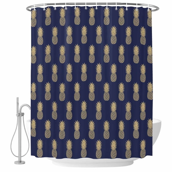Pineapple Art Bathroom Shower Curtains with Hooks, Vintage Fruit Yellow Blue Modern Texture Waterproof Fabric Washable Shower Curtain for Home Hotel Bathtub Decor 72x72 Inch