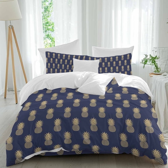 Pineapple Art Queen Size Comforter Set, Vintage Fruit Yellow Blue Modern Texture Bedding for All Seasons, 4 Pcs Bed Set, 1Quiltcover (90"x92") ,1Sheet(94"x116"), 2Pillowcases (30"x20")