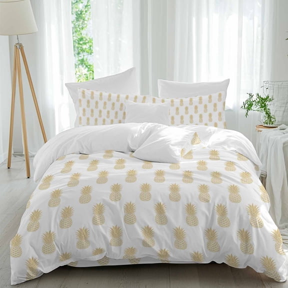 Pineapple Art Queen Size Comforter Set, Vintage Fruit Yellow Modern Texture Bedding for All Seasons, 4 Pcs Bed Set, 1Quiltcover (90"x92") ,1Sheet(94"x116"), 2Pillowcases (30"x20")