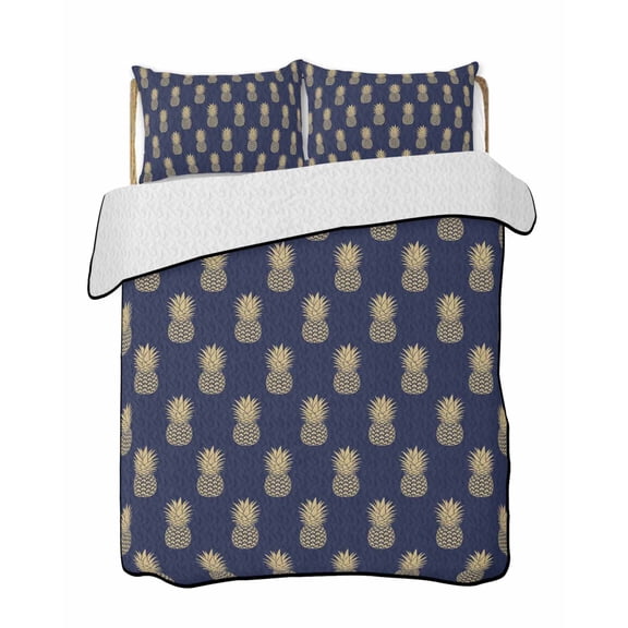 Pineapple Art Quilts Bedding Set California King Vintage Fruit Yellow Blue Modern Texture Lightweight Quilted Bedspread 3 Piece Bed Quilt with 2 Pillow Shams All Season for Bedroom 96" x 106"