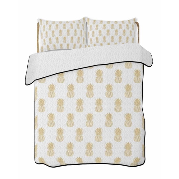 Pineapple Art Quilts Bedding Set California King Vintage Fruit Yellow Modern Texture Lightweight Quilted Bedspread 3 Piece Bed Quilt with 2 Pillow Shams All Season for Bedroom 96" x 106"