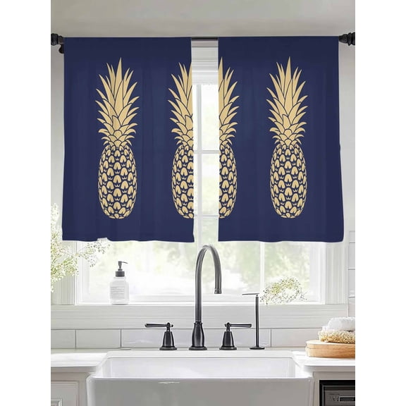 Pineapple Art Sheer Curtains 54 Inches Long 2 Panels Vintage Yellow Fruit Blue Modern Texture Light Filtering Semi Sheer Window Curtains Drapes for Bedroom Living Room 52"x54"
