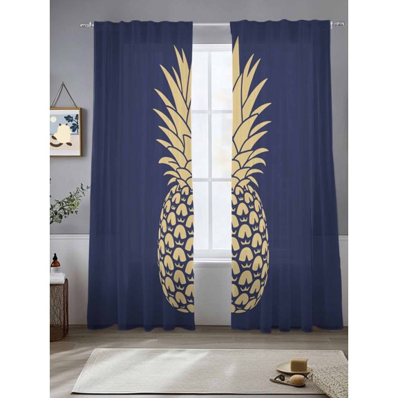 Pineapple Art Sheer Curtains 84 Inches Long 2 Panels Vintage Yellow Fruit Blue Modern Texture Light Filtering Semi Sheer Window Curtains Drapes for Bedroom Living Room 52"x84"