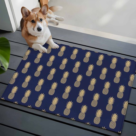 Pineapple Bathroom Mat 2x3 FT, Non Slip Small Kitchen Mat, Yellow Fruit Navy Blue Summer Tropical Washable Soft Backed Front Door Throw Rug Non-Shedding Indoor Outdoor Doormat for Entryway Sink