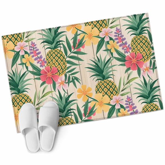 Pineapple Bathroom Rug Washable 2x3 Entryway Rug Non Slip Farmhouse Fruit Flowers Leaves Wooden Grain Front Door Mat Low Pile Indoor Doormat Throw Floor Carpet for Kitchen Bedroom Entrance