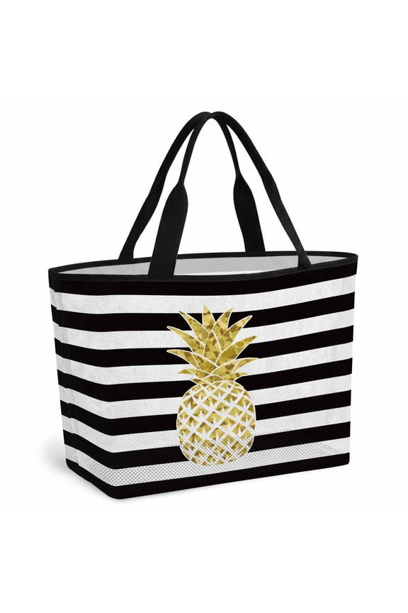 Pineapple Beach Bag for Women, Large Breathable Mesh Beach Tote Bag, Modern Abstract Fruits Black White Stripe Sandproof Lightweight Travel Bags for Vacation Picnic Swimming Pool 15.7"x15.7"x9.1"