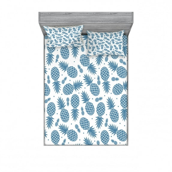Pineapple Bedding Set with Sheet & Covers, Island Themed Minimalistic Multi-Sized Tropic Fruity Pineapple Printed Vintage, Printed Bedroom Decor 2 Shams, 4 Sizes, Blue White, by Ambesonne