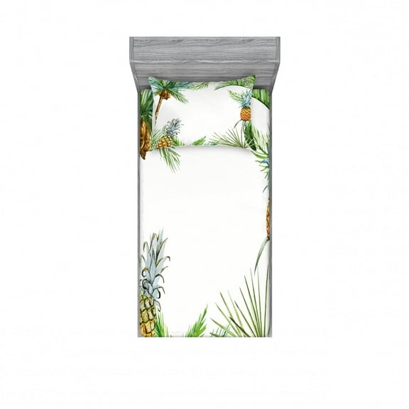 Pineapple Bedding Set with Sheet & Covers, Watercolor Tropical Island Style Border Print Exotic Fruit Palm Trees and Leaves, Printed Bedroom Decor 2 Shams, 4 Sizes, Multicolor, by Ambesonne