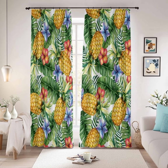 Pineapple Blackout Curtains for Bedroom/Living Room, Pinch Pleated Black Out Curtains, Yellow Tropical Fruit Palm Leaf Floral Summer Room Darkening Window Drapes with Hooks 2 Panels, 59"x70"