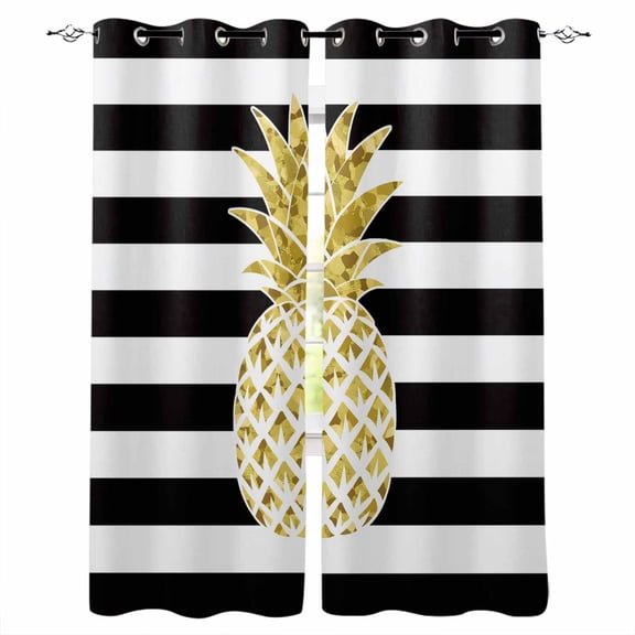 Pineapple Blackout Curtains for Bedroom, Thermal Insulated Window Treatment, Modern Abstract Fruits Black White Stripe Grommet Top Blackout Draperies and Drapes for Basement 27.5"x39" 2 Panels