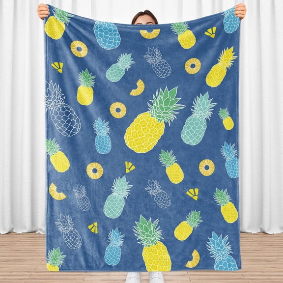 Pineapple Blanket, Blue and Yellow Throw Blanket for Tropical Fruit Lovers, Soft Lightweight Flannel Blanket, Cozy Fleece Blankets Bedding Gifts for Kids, Boys, Couch, Bed, Living Room, 50"x60"