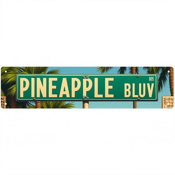 Pineapple Blvd Tropical Tin Sign - 16x4 Inches Beachy Decor for Wall, Ideal for Bedroom, Living Room, Porch | beachy wall decor, vintage decor for home, unique wall decor