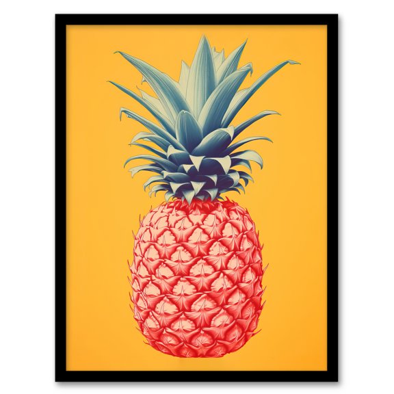 Pineapple Bold Vibrant Rich Red And Blue On Yellow Screen Print Risograph Artwork Spot Block Colour Retro Riso Kitchen Interior Design Art Print Framed Poster Wall Decor 12x16 inch