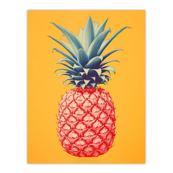 Pineapple Bold Vibrant Rich Red And Blue On Yellow Screen Print Risograph Artwork Spot Block Colour Retro Riso Kitchen Interior Design Large Wall Art Poster Print Thick Paper 18X24 Inch