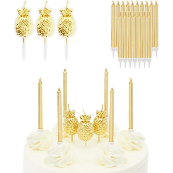 BLUE PANDA Pineapple Cake Topper Set - Tropical Luau Party Decor & Pineapple Cupcake Toppers - Slender Gold Birthday Candles - Pack of 30
