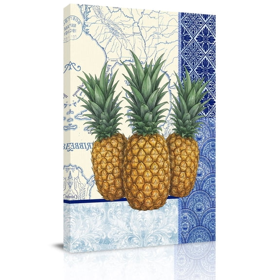 Pineapple Canvas Wall Art for Living Room, Blue White Porcelain Vintage Map Summer Wall Decor Framed Artwork Pictures Ready to Hang for Bedroom Office Home Decor