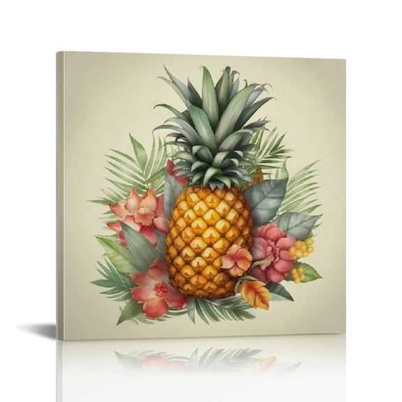 Pineapple Canvas Wall Art Yellow Tropical Fruit Painting Hawaii Flower Picture Prints for Kitchen Dining Room Decoration Stretched and Framed Ready to Hang 16"x16"