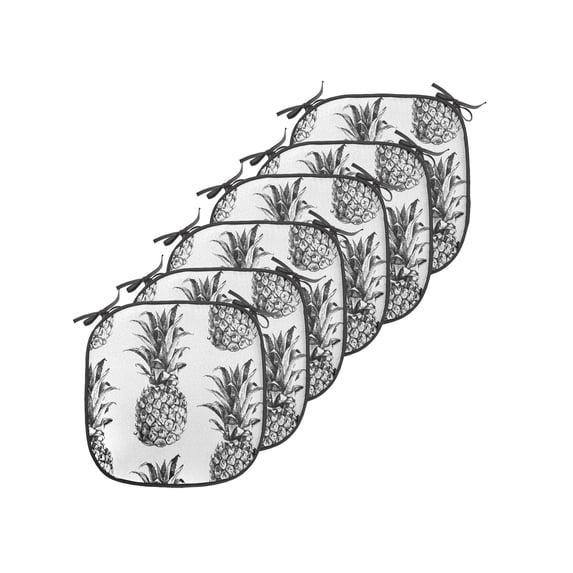 Pineapple Chair Seating Cushion Set of 6, Hand Drawn Tropical Theme Vintage Style Pineapple Fruit Pattern, Seat Pads for Office with Anti-slip Backing, 16"x16", Black Grey White, by Ambesonne