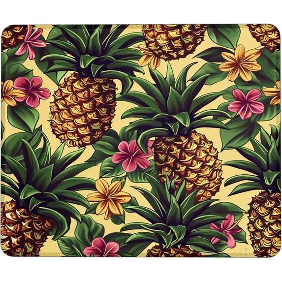 Pineapple Computer Mouse Pad Floral Leaf Plants Tropical Fruit Pattern Vintage Green Yellow Brown Wipeable Polyester Rubber Decorative Desk Mat Ideal for Home Library or Office Work (9.5"x7.9")