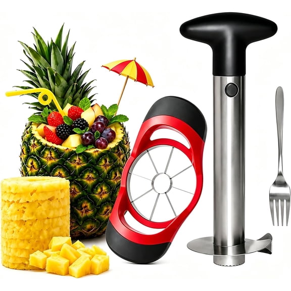Pineapple Corer and Slicer, Stainless Steel Pineapple Cutter and Peeler Set, Robust Thick Blade, Effortless Slicing for Rings and Dices, Black Handle, Easy to Clean