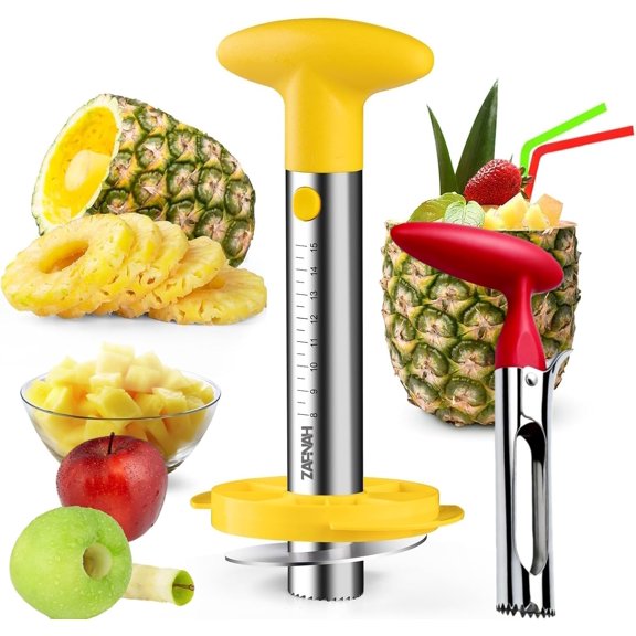 Pineapple Corer & Slicer Tool - Stainless Steel Pineapple Peeler, Easy Core Remover, Eye Removal Tool, Pelador De Pia (Yellow with Measure Marks)