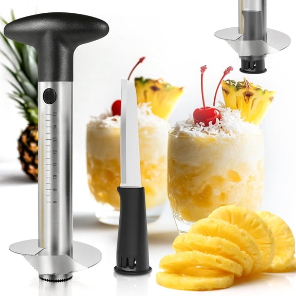 Pineapple Corer and Slicer with Measurement Marks  Stainless Steel Pineapple Cutter for Perfect Pineapple Rings & Effortless Cutting (Black)