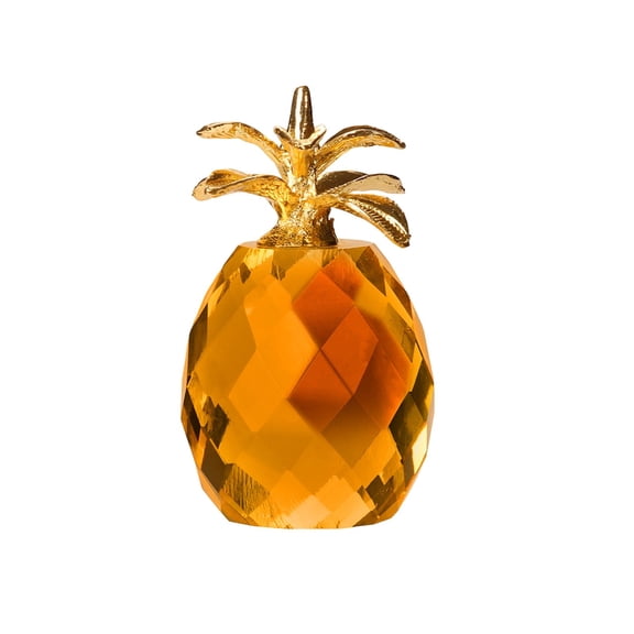 Pineapple Crystal Glass Figure Paperweight, Feng Shui Decor Ornament for Home Office, Clear Glass Pineapple Sculpture with Gold Metal Leaf, Decorative Collection Piece, Large 2.75 Inch Height