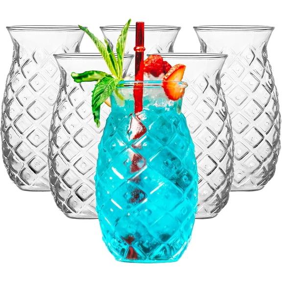 Pineapple Cup - Tiki Glasses for Cocktails - Pina Colada Hurricane Drinking Glasses for Bar Decor Set of 6 - Outdoor Mixed Drink Ice Tea Wine Glass Hawaii Tropical Barware 17 Oz