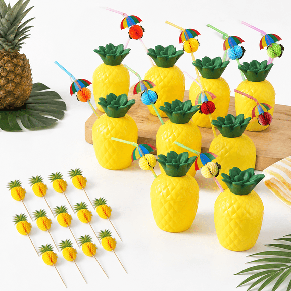 Pineapple Cups Kit, 12 Pack Food Grade Plastic Reusable Drink Cups with Straws and Picks