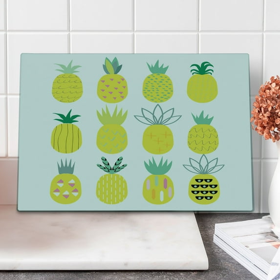 Pineapple Cutting Board, Composition of Pineapples with Different Patterns Lines Rhombuses and Zigzags, Decorative Tempered Glass Cutting and Serving Board, Large Size, Multicolor, by Ambesonne