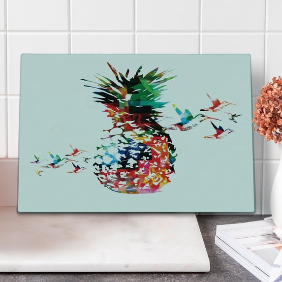 Pineapple Cutting Board, Geometric Pineapple Bursting into Scattering Birds Flight Modern Abstract Print, Decorative Tempered Glass Cutting and Serving Board, Large Size, Multicolor, by Ambesonne