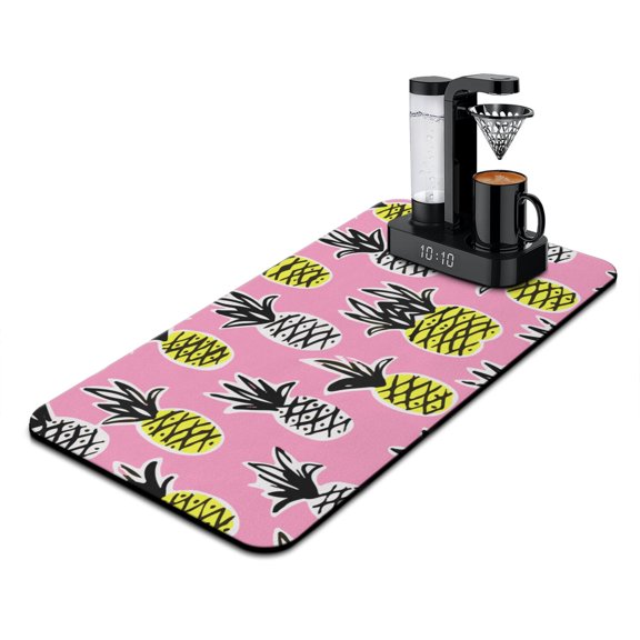 Pineapple Dish Drying Mat 17x31.5in, Tropical Summer Fruit Yellow Golden Exotic Absorbent Kitchen Mat