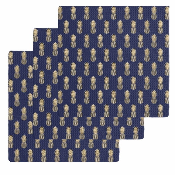 Pineapple Dish Towels Set, Waffle Weave Kitchen Towels 3 Pieces, Yellow Fruit Navy Blue Summer Tropical Microfiber Hair Face Bath Tea Towel Absorbent Quick Drying Cleaning Dish Cloths, 12"x12"