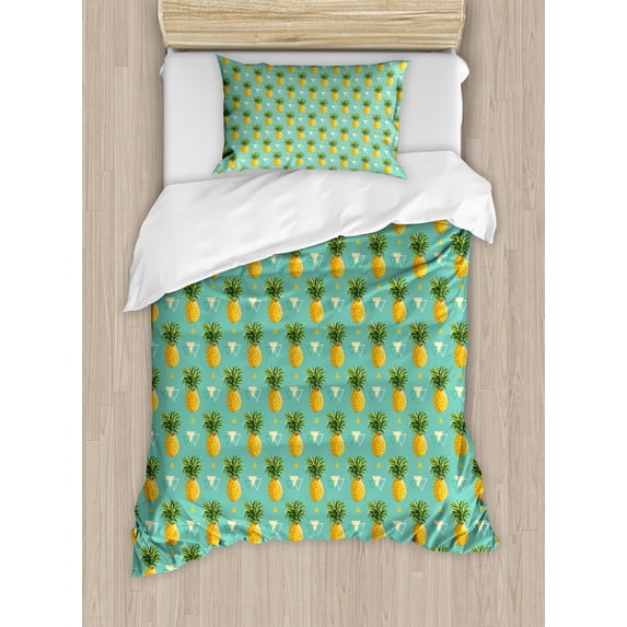 Pineapple Duvet Cover Set, Geometric Hipster Design Tropical Climate Fruits Pattern Retro Summer, Decorative 2 Piece Bedding Set with 1 Pillow Shams, Twin Size, Orange Seafoam Green, by Ambesonne