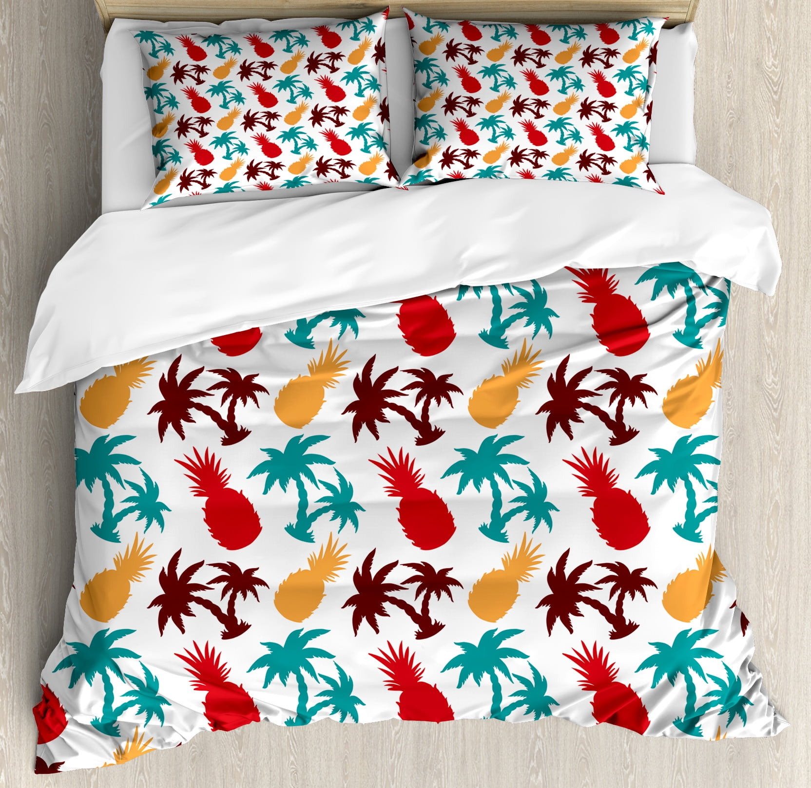 Pineapple Duvet Cover Set, Lively MultiColored Tropical Pineapple Palm