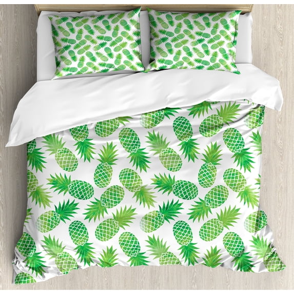 Pineapple Duvet Cover Set, Ombre Watercolor Scattered Pineapples in Different Directions on Plain Pattern, Decorative 3 Piece Bedding Set with 2 Pillow Shams, King Size, Green White, by Ambesonne