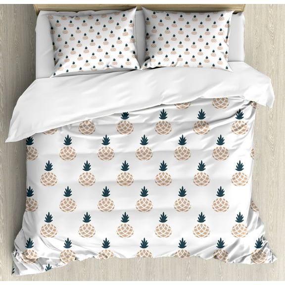 Pineapple Duvet Cover Set, Repeating Tropical Fruits on a Plain Backdrop Organic Items, Decorative 3 Piece Bedding Set with 2 Pillow Shams, Queen Size, Dark Slate Blue Almond, by Ambesonne