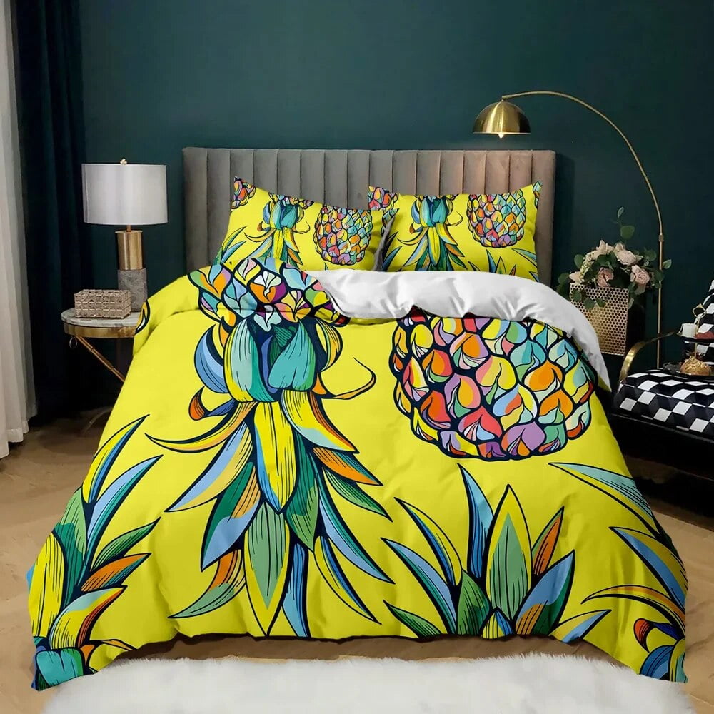 Pineapple Duvet Cover Set White Bedding Set Teen Adults Yellow Abstract