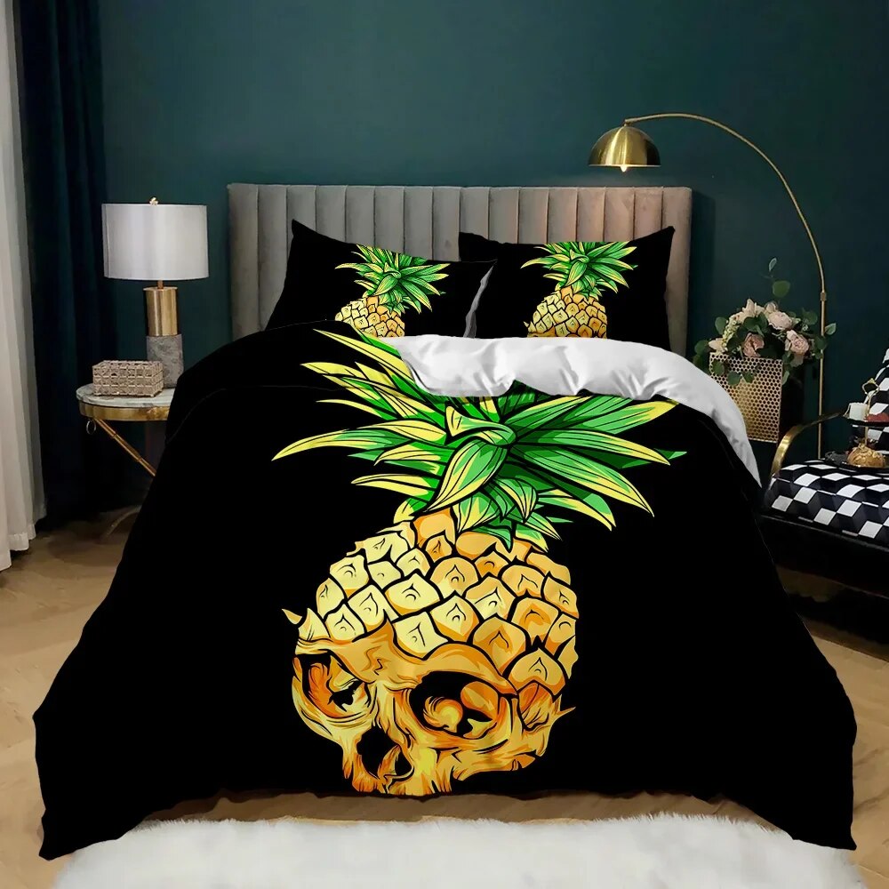 Pineapple Duvet Cover Set White Bedding Set Teen Adults Yellow Abstract
