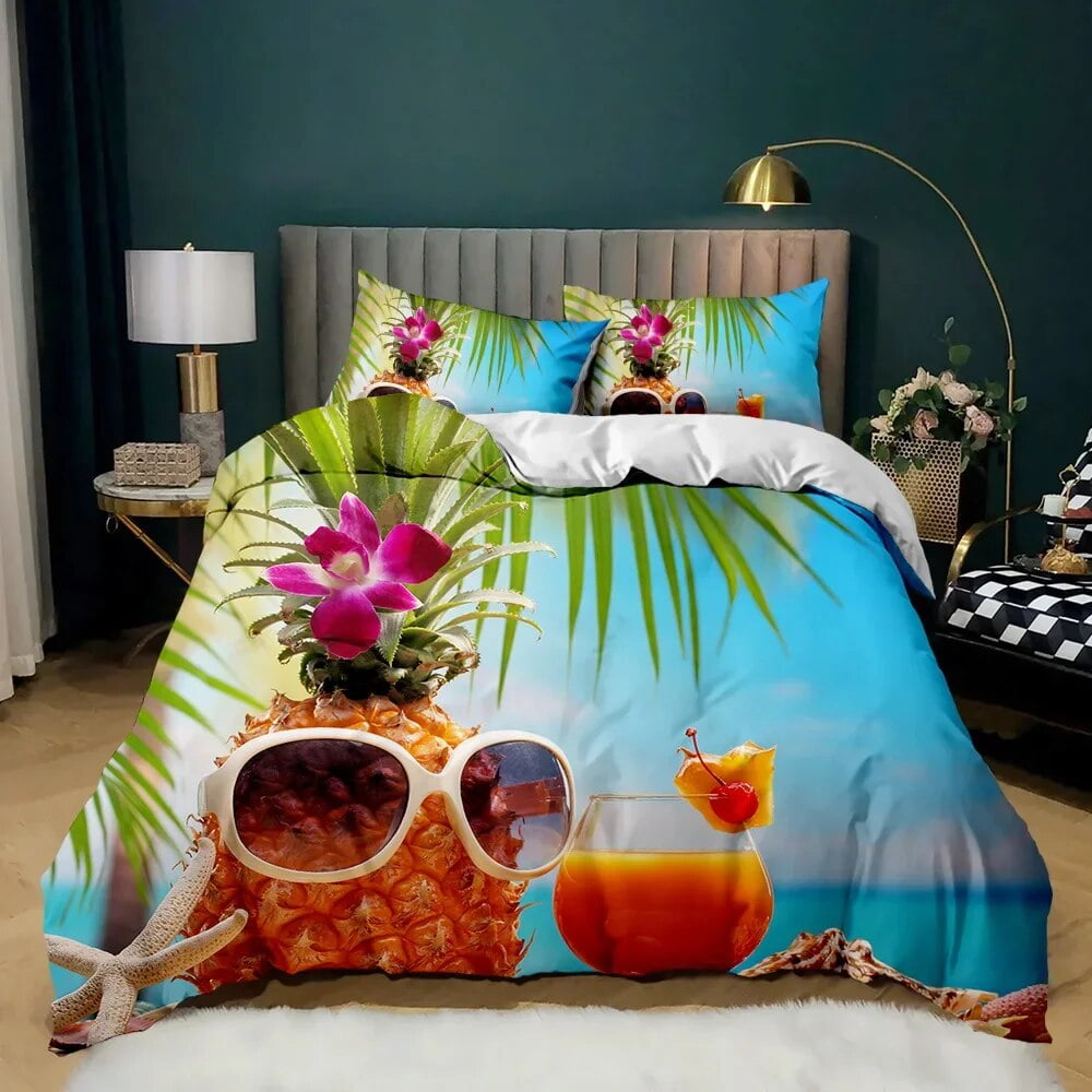 Pineapple Duvet Cover Set White Bedding Set Teen Adults Yellow Abstract